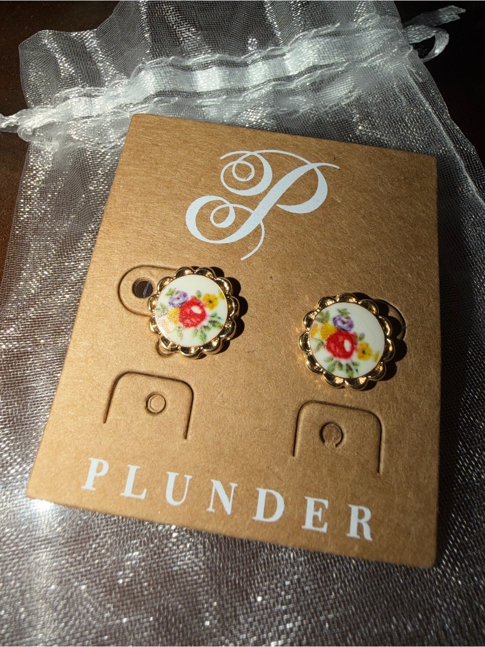 Plunder Gold Floral Button Stud Earrings with Red, Yellow and Purple Accents - Picture 2 of 3